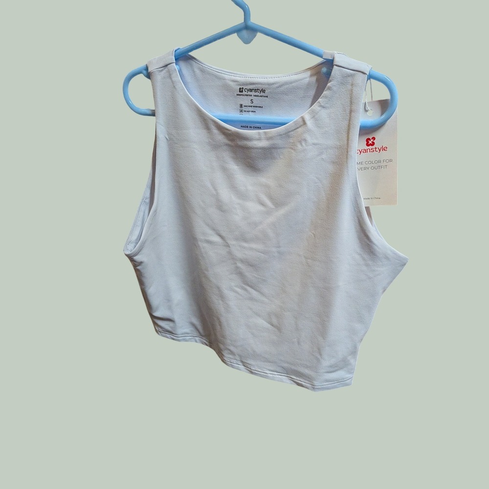 Cyanstyle Womens White High Neck Crop Tank‎ Top Sleeveless Activewear Small NWT